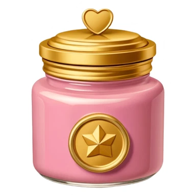 Una miniatura fotorrealista de un tarro de mantequilla corporal elegante, con una tapa dorada brillante. Una sola moneda de oro, pequeña y sutil, reposa al lado del tarro. Iluminación suave de estudio. Colores: rosa, terracota y dorado. Estilo: lujo en miniatura. sticker