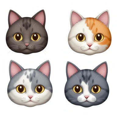 4 different coloured short haired cats including; a dark brown and white cat, and a dark grey and white  sticker