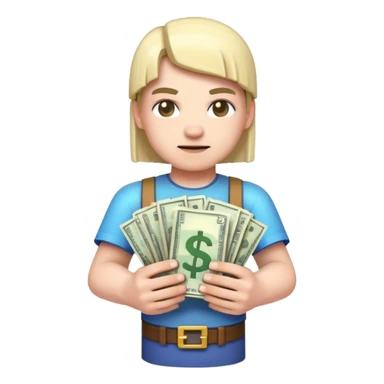 emoji style icon, minecraft blocky character holding a stack of money, pixel art style, bright colors, simple background, 3D glossy emoji, centered composition, soft shadow, high detail, clean outline, white background sticker