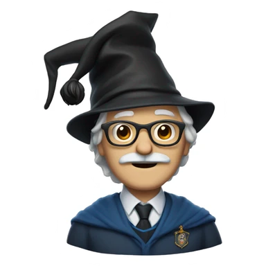 older man with white skin, black longer hair, mustache, glasses, with a magic hat, ravenclaw sticker