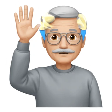 60 yr man partial gray hair parted in center, mustache, light glasses, sweatshirt waving hello sticker