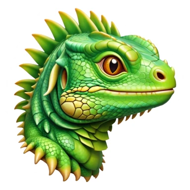 Cinematic Realistic Cute Iguana Portrait Emoji, Head tilted playfully and inquisitively, featuring a compact, agile build with a glossy, intricately scaled body in vivid green hues and a characteristically expressive face with bright, curious amber eyes, rendered in lifelike detail with natural highlights, high shine, affectionate and lively, styled with a touch of tropical whimsy, soft glowing outline, capturing the essence of a mischievous yet lovable iguana that seems poised to scurry out of the screen into your arms! sticker