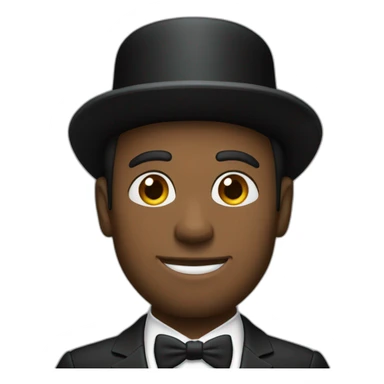 30 year old man, black suit, white tie and black top hat sticker
