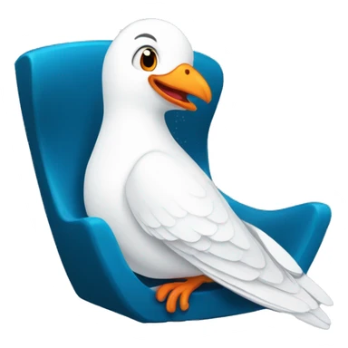 Create for twitch a comic style animated white dove with orange mouth sitting and laughing on a blue chair hitting its knee. Transparent background  sticker