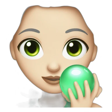 white girl with green eyes, holding a crystal ball sticker