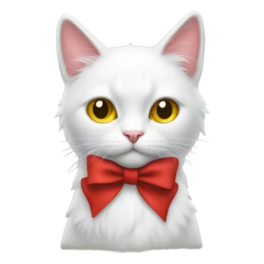 A cat that stands up on two feet has white fur and a yellow nose and a red bow sticker