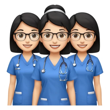 Genera emogis de 4 cuatro enfermeras de cabello negro largo, una de ellas con lentes sticker