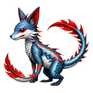 Edgy badass swimmy wet painted intricate ornate Japanese Asian koi-Sergal-Lykoi-Linoone-Electrike-Linoone-Zangoose-fusion-hybrid-animal-Fakémon-creature, full body, thin long sleek scaly tail, intricate markings sticker