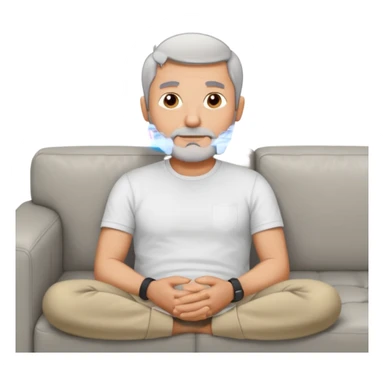 a 50 yo man short grey hair stubble beard laying on a ottoman of a light grey cord couch sticker