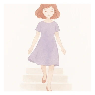 Illustrate a girl in a purple dress stepping down the stairs, viewed from the front. Maintain a soft watercolor illustration style with pastel colors, delicate linework, a gentle, whimsical mood, and minimal, soft shading. sticker