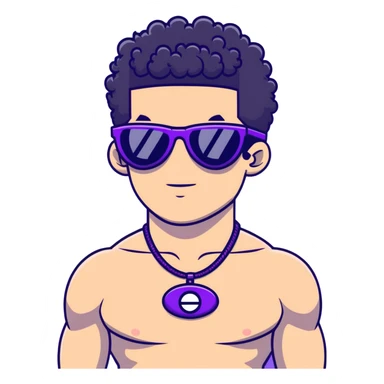 shirtless male athlete with white skin and moderately curly black hair on top with shaved sides, wearing purple sunglasses with black tinted lenses and a shiny black necklace sticker
