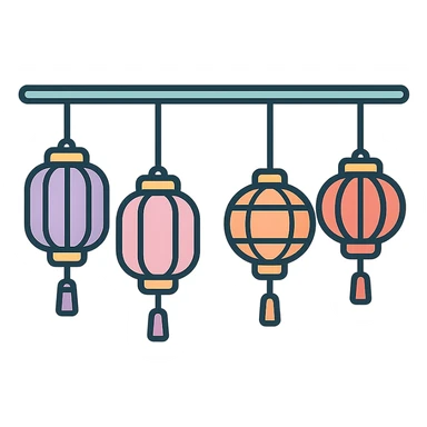 horizontal text divider, long delicate thread with Chinese lanterns, thin clean outlines, soft rounded shapes, pastel palette #98B5BC, #B5B3C1, #C9A3C9, #E4C0CA, #F7DCD1, #F7C0AA, detailed shadows and highlights, soft lighting, transparent background, modern Japanese pop art and sticker aesthetic, length about 8 emoji slots sticker