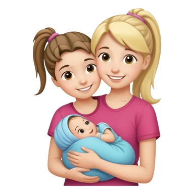 Teenage girl with ponytail embracing a baby and her little sister, loving family sticker