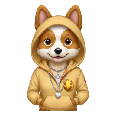 Dog wearing a softball hoodie at a park and wearing a necklace saying “chicken “ sticker