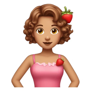 Girl with brown wavy hair and a pink dress and strawberry decorations sticker