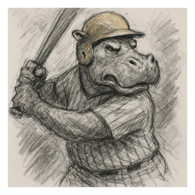 hippo holding a baseball bat, wearing a yellow helmet, pinstripes outfit sticker