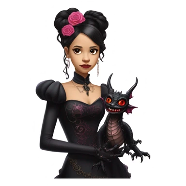 Lavish black evening gown with see-through gloves, Jenna Ortega as Addams woman wearing a steampunk mini tiara, very large blood pink evil-looking horned old dragon sticker