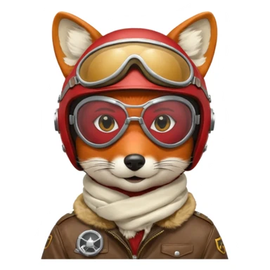 renard aviateur, casque en cuir, écharpe blanche, lunettes "climax" sur le casque au dessus des yeux, blouson aviateur, pas de double lunettes sticker
