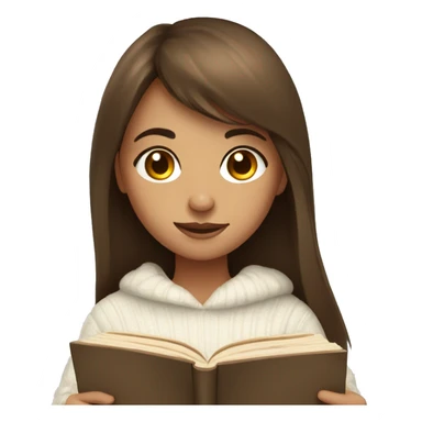 Girl with brown long hair and bangs with a cozy white sweater reading a book sticker