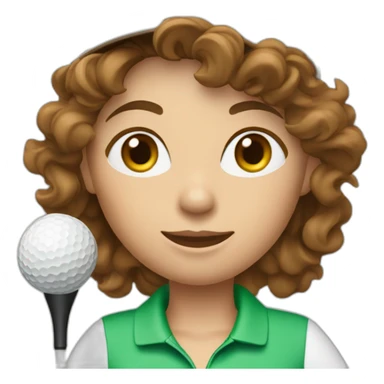 female with brown wavy hair dressed in golfwear with golf club and golf ball sticker