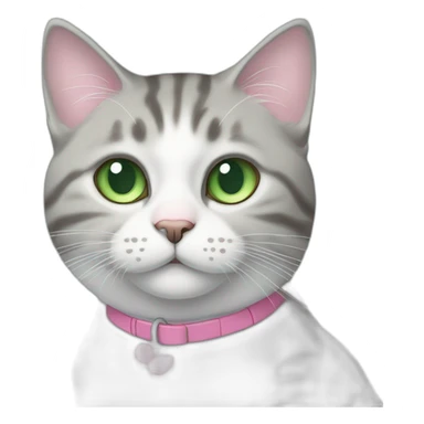 White and grey tabby cat with green eyes and pink nose, sitting on blue cpuch sticker