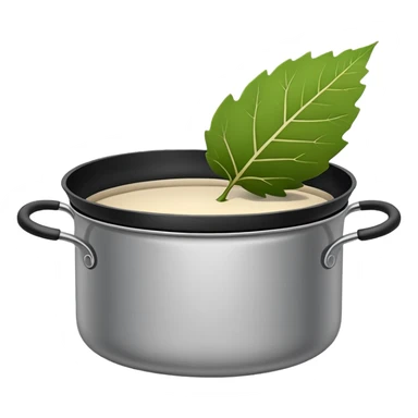 Minimalistic flat vector icon, iOS style, thin black contour on white background. Leaf inside a cooking pot. Clean, no text, no shadows.
 sticker