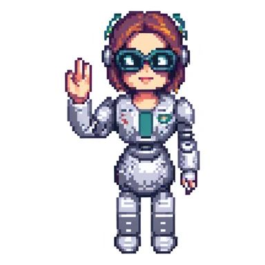shoulders-up portrait of a cute female recruiter robot, 8-bit pixel art style, metallic, talking, one hand in the air, with glasses sticker