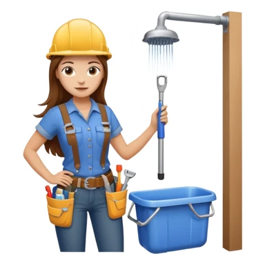 beautiful girl with long brown hair constructing new bathroom area with new shower and amenities  sticker