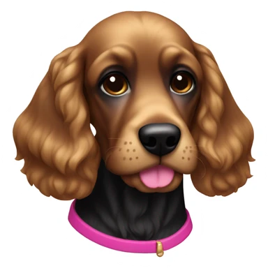 A black 2nd generation cocker with straight hair and a pink collar  sticker