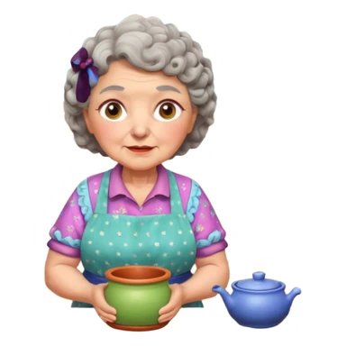 cartoon Apple iOS emoji style rural elderly woman, chubby face, short gray curly hair, flowery blouse, colorful apron, big expressive eyes, pastel colors, Chilean wooden kitchen background, clay pots, warm light, detailed and clean vector art sticker