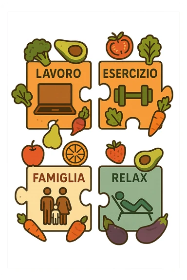 Puzzle (Lavoro, Esercizio, Famiglia, Relax), in lavoro metti icona di un PC, in Esercizio un Manubrio, in Famiglia una famiglia, in Relax qualcuno che riposa and healthy foods are integrated into each piece. in italiano sticker