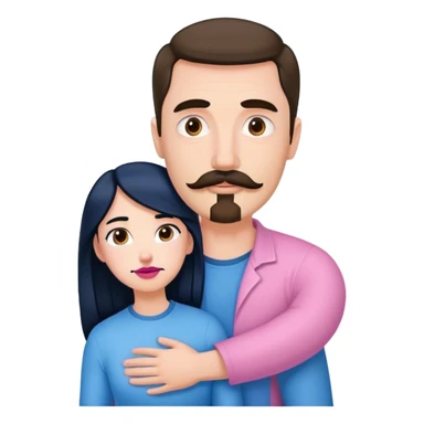 Tall white man with brown mustache goatee wearing blue hugged by a short pale woman with long black hair wearing pink sticker