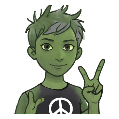 pixie shag hair black with streaks of gray, dark T-shirt with a peace sign. no hands  sticker