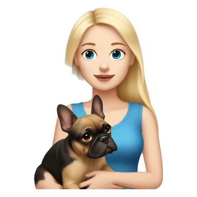Blonde girl with blue eyes holding brown and black French bulldog sticker