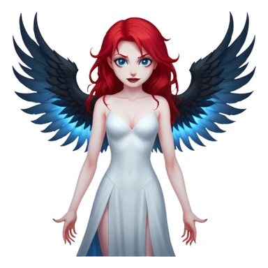 extremely diabolical girl with giant towering wings, blood red hair, glowing blue eyes, black hellfire aura, no horns, evil grin sticker