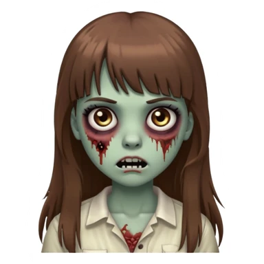 Zombie girl emoji with long brown hair, bangs, big black eyes sticker