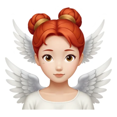 Asian angel with red hair in bun, oval face, and white wings sticker