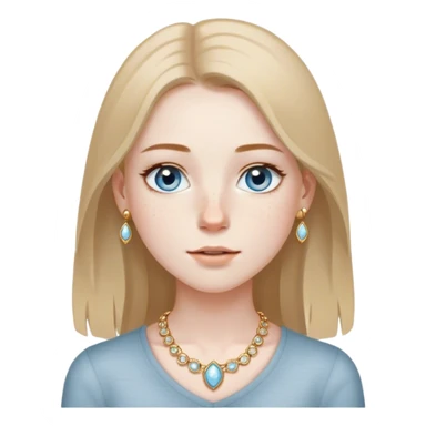 create a girl with pale skin and light freckles on her nose and cheeks. grey blue eyes. light brown straight hair going passed her shoulders. gold simple jewelry.  sticker