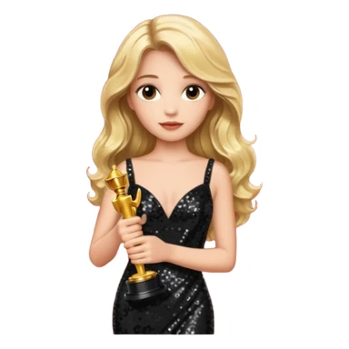 blonde model, brown eyes, long wavy hair, oscars red carpet, black sequin, holding oscar sticker