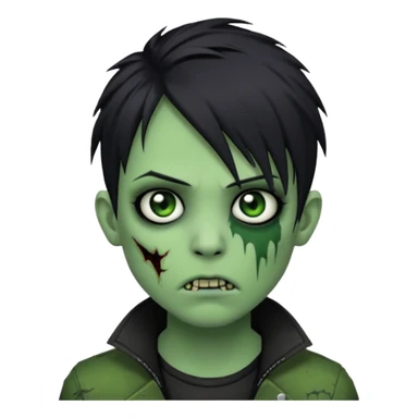  emo zombie black punk hair green skin middle part with cuts on face and closed mouth sticker