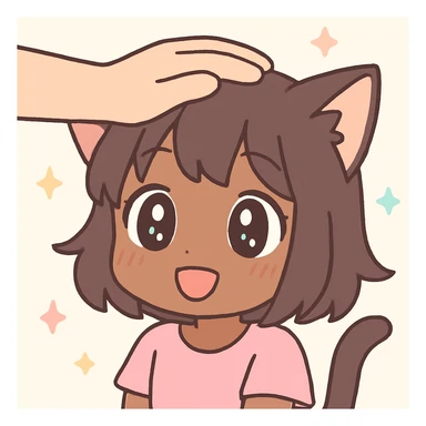 anime style cat girl with brown skin, smiling while being patted on the head, large expressive eyes, focus on head and hand sticker