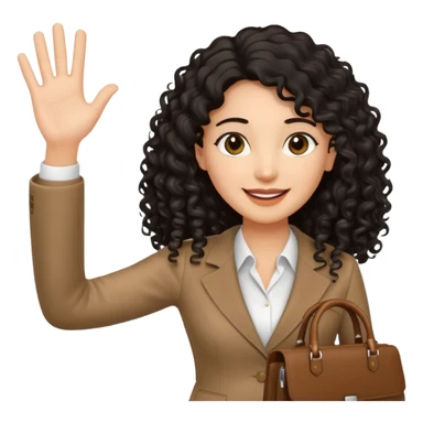 medium deep tan brown business woman with long black curly hair, waving hand with happy face and holding a close laptop and carrying a bag on her dhoulder sticker