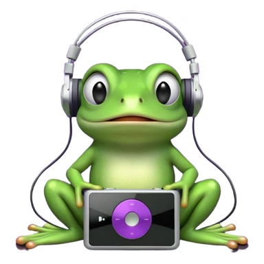 A cute green cartoon frog sitting with a neutral expression, wearing large black over-ear headphones. The frog is connected by a wire to a small, classic-style iPod with a purple screen, placed in front of it. The background is a dense black-and-white noise pattern resembling TV static. sticker