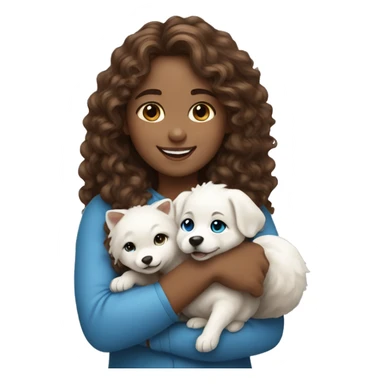 Girl long curly brown hair smiling and blue eyes and holding a white fox dog in her arms sticker