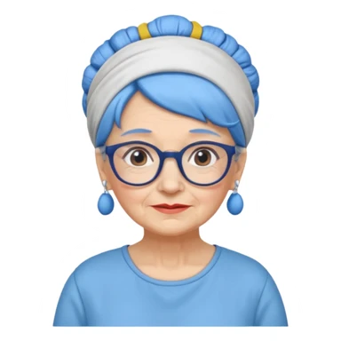 fat old woman with blue bun hair and glassess and headband sticker
