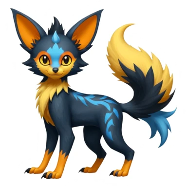 Lykoi-Fennekin-Electrike-Luxray-fusion-hybrid-animal-Fakémon-creature, full body, thin long sleek scaly tail, intricate markings sticker