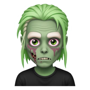 Zombie boy, green skin, white dreads medium long, pink eyes, black tshirt sticker