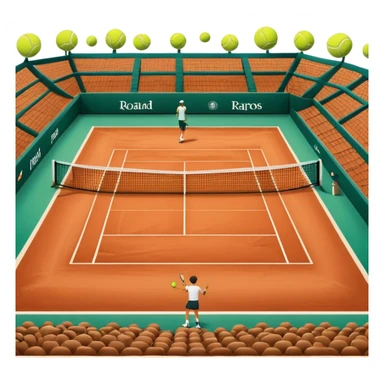 A tennis court at the Roland Garros tournament, with the iconic clay surface and a tennis ball bouncing near the net. The scene evokes the energy and excitement of the grand event, with vibrant crowds in the stands and a competitive atmosphere. sticker