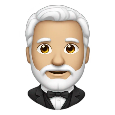 man with brown eyes, white hair and beard, dressed in black tuxedo carrying an armenian flag sticker