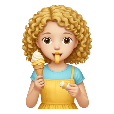 a little girl kid with curly hair, yellow dress, eat ice cream sticker